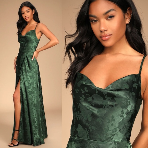 Emerald Green Satin Floral Cowl-Neck Jacquard Maxi Dress 🌿 - Picture 2 of 8